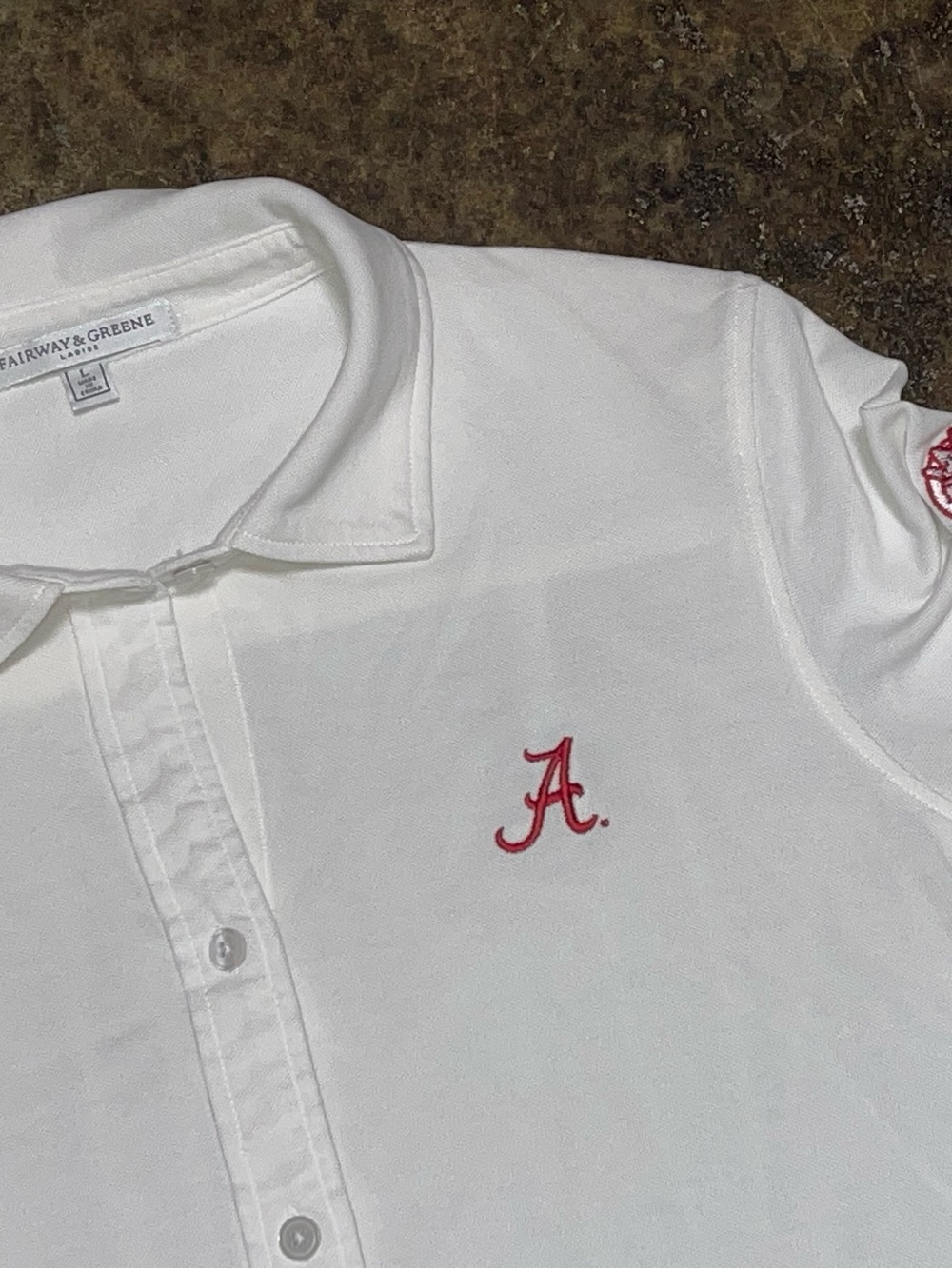 Fairway & Greene White Polo with Red Script 'A' Embroidery